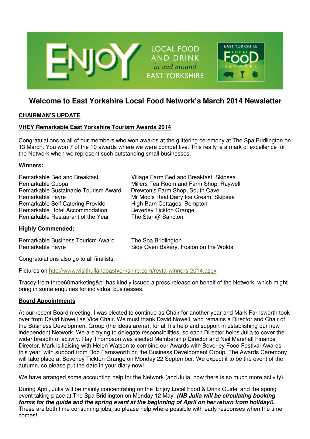 East Yorkshire Local Food Network's March 2014 Newsletter