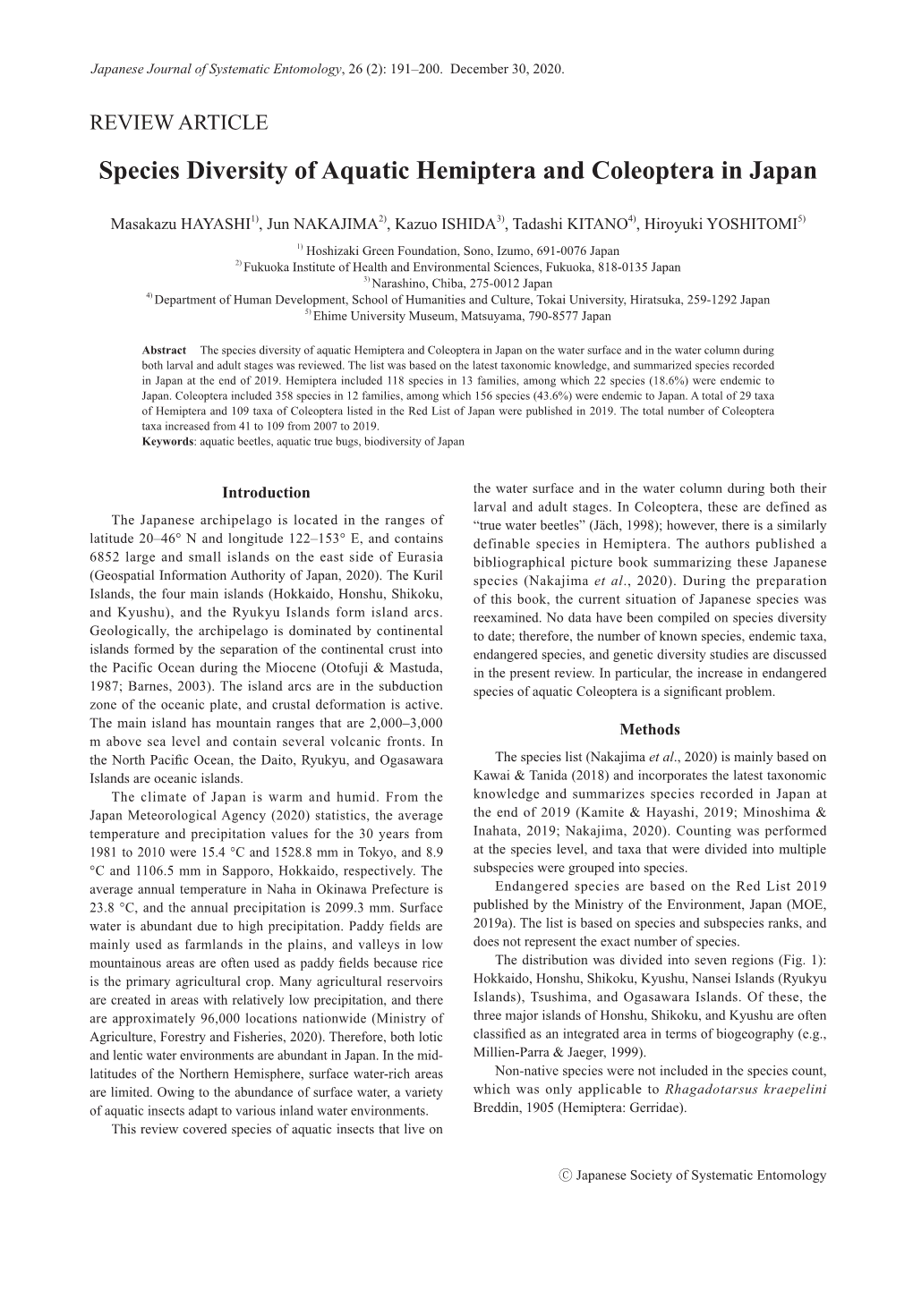 Species Diversity of Aquatic Hemiptera and Coleoptera in Japan