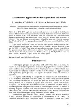 Assessment of Apple Cultivars for Organic Fruit Growing