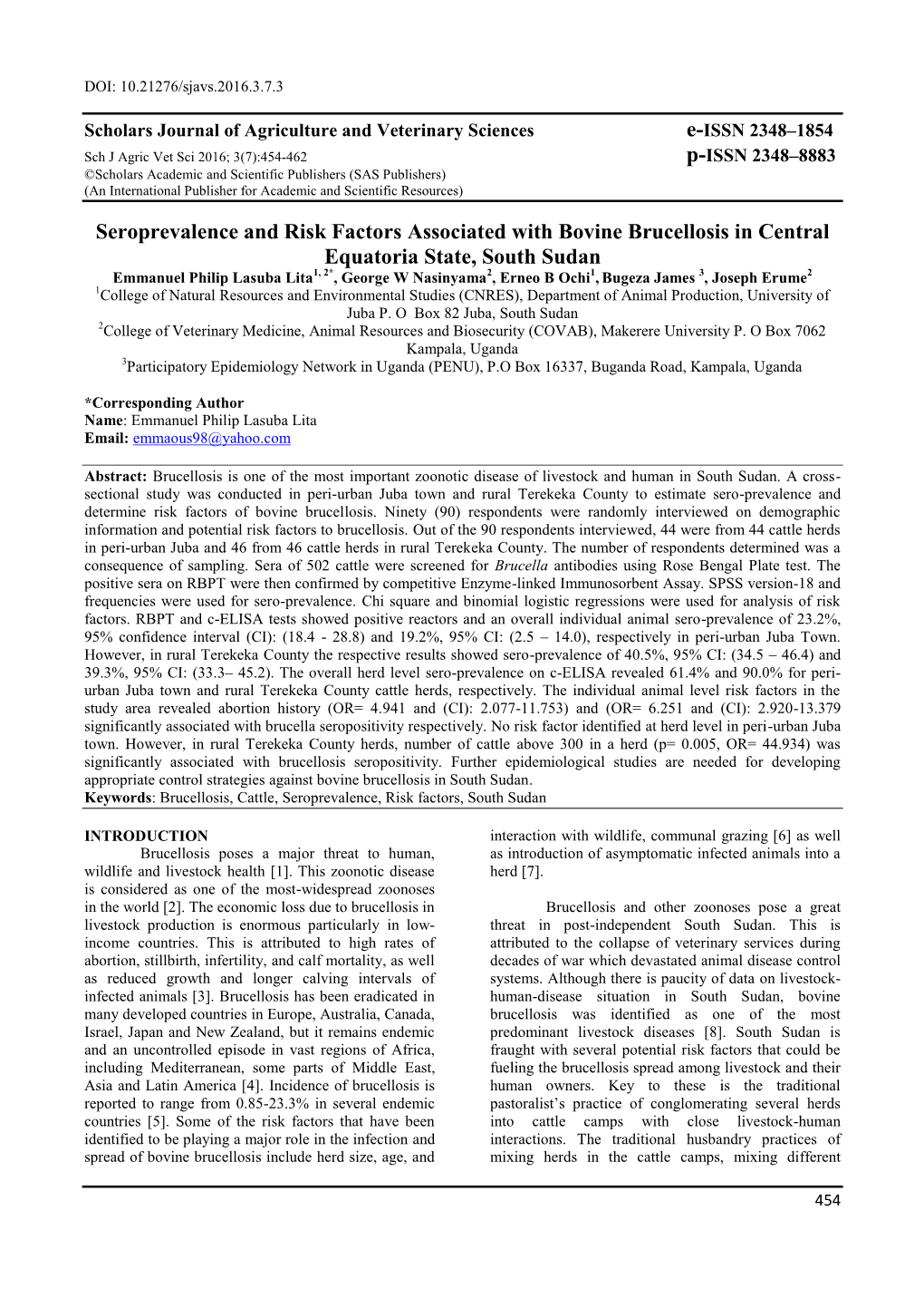 Seroprevalence and Risk Factors Associated with Bovine Brucellosis in Central Equatoria State, South Sudan