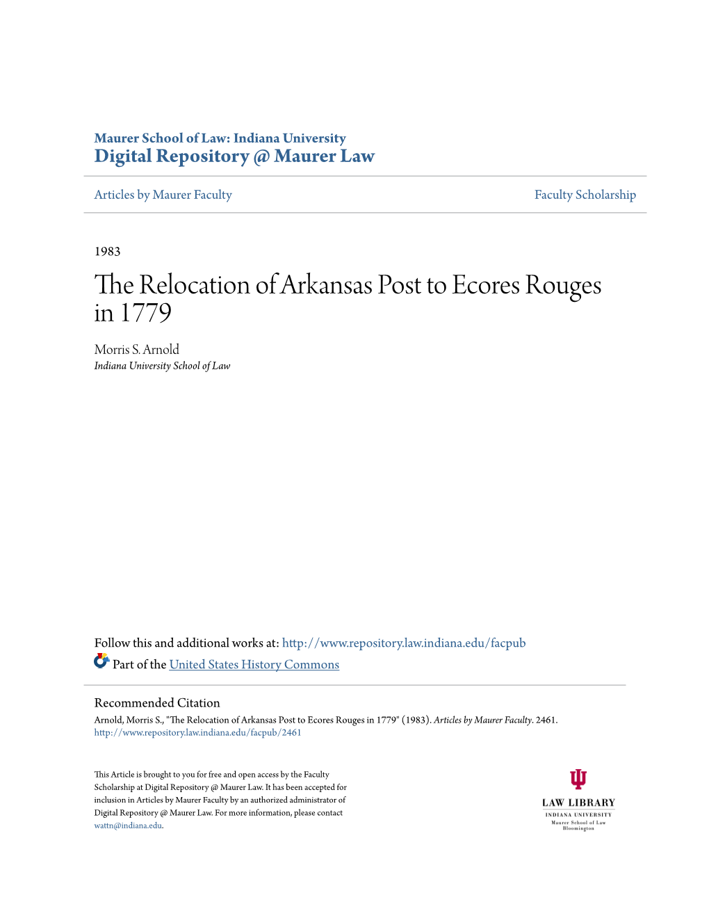 The Relocation of Arkansas Post to Ecores Rouges in 1779 Morris S