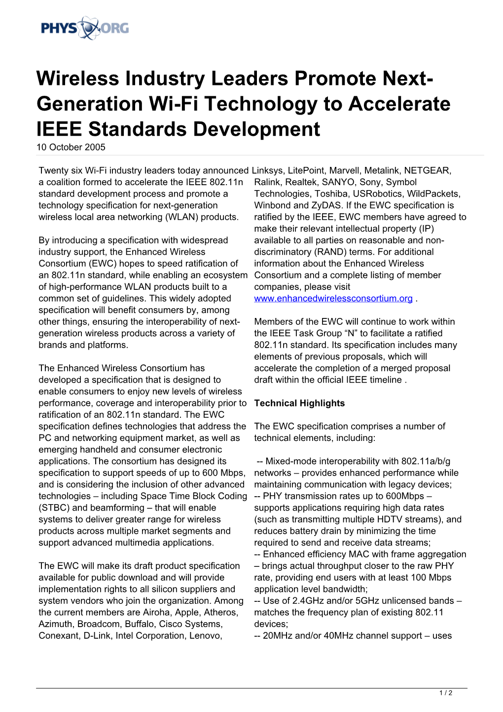 Wireless Industry Leaders Promote Next-Generation Wi-Fi Technology to Accelerate IEEE Standards Development