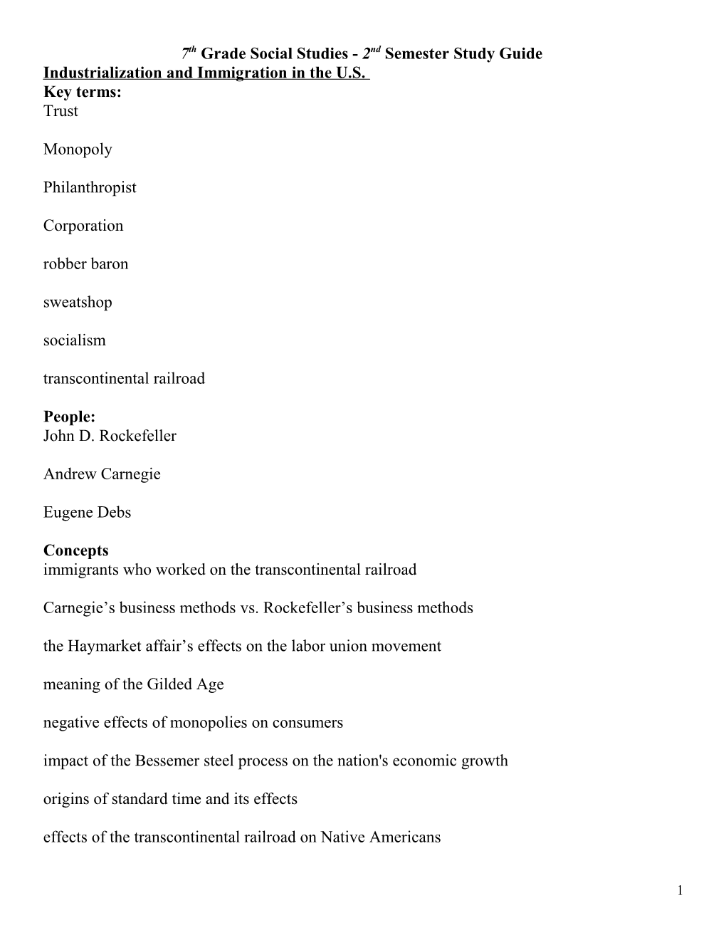 Hamilton Prep Social Studies - 2Nd Semester Final 7Th Grade