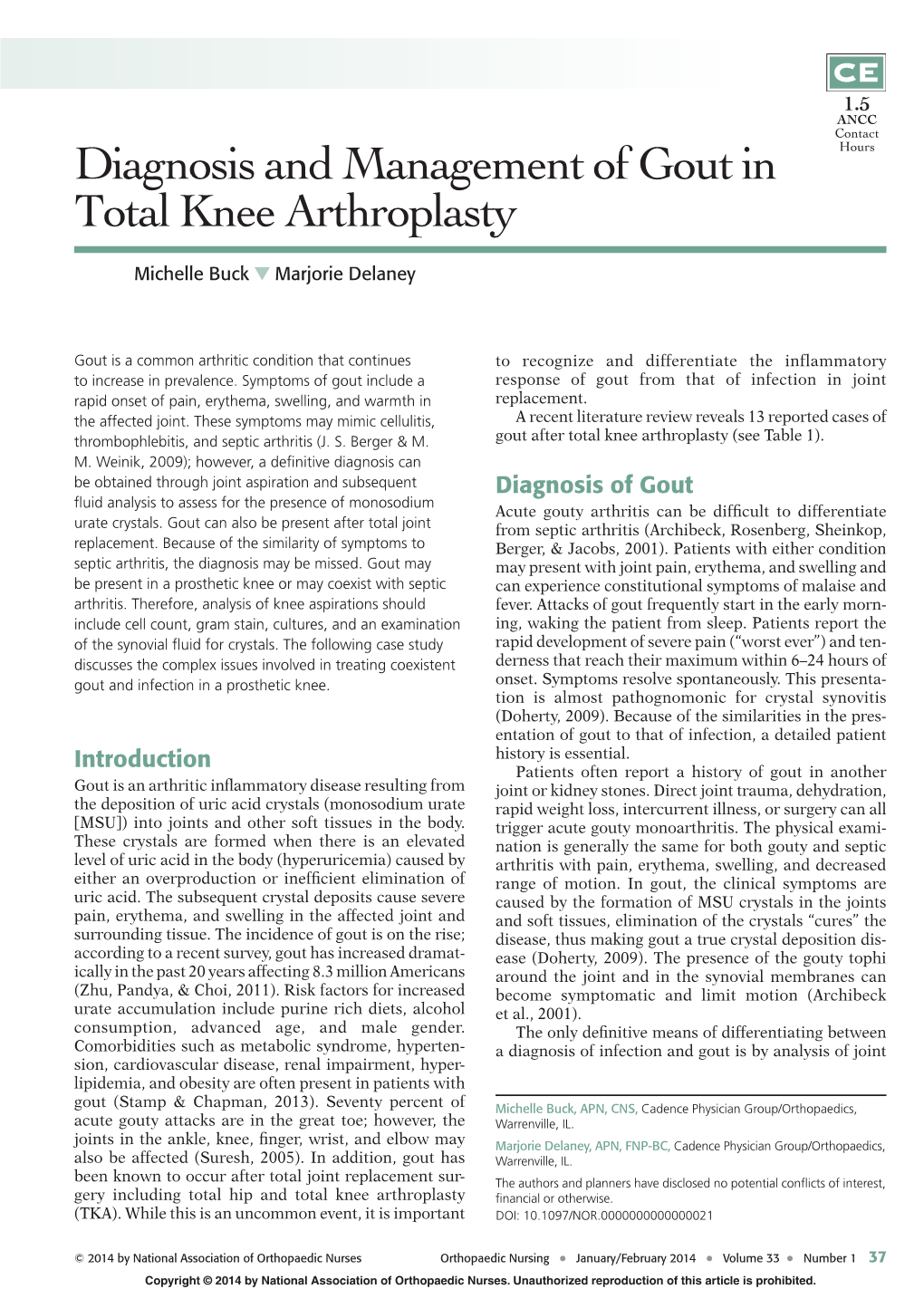 Diagnosis and Management of Gout in Total Knee Arthroplasty