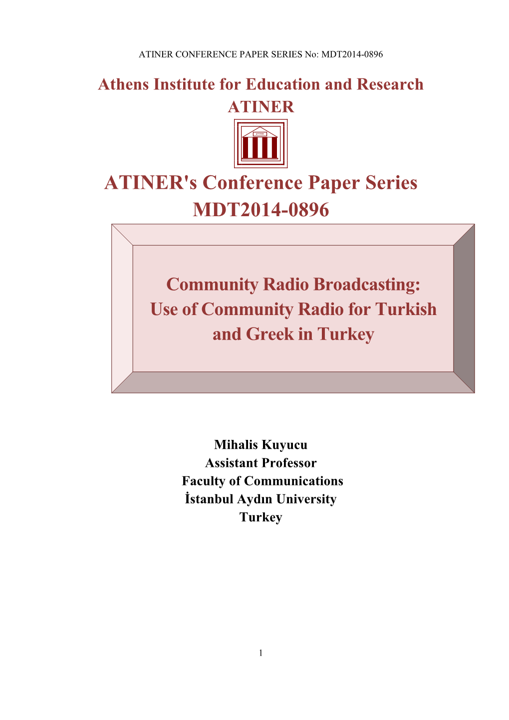 ATINER's Conference Paper Series MDT2014-0896