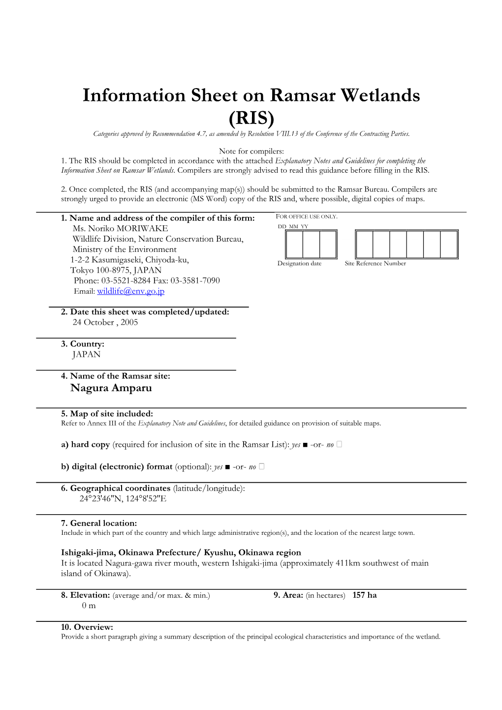 Information Sheet on Ramsar Wetlands (RIS) Categories Approved by Recommendation 4.7, As Amended by Resolution VIII.13 of the Conference of the Contracting Parties