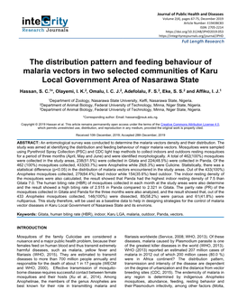 The Distribution Pattern and Feeding Behaviour of Malaria Vectors in Two Selected Communities of Karu Local Government Area of Nasarawa State