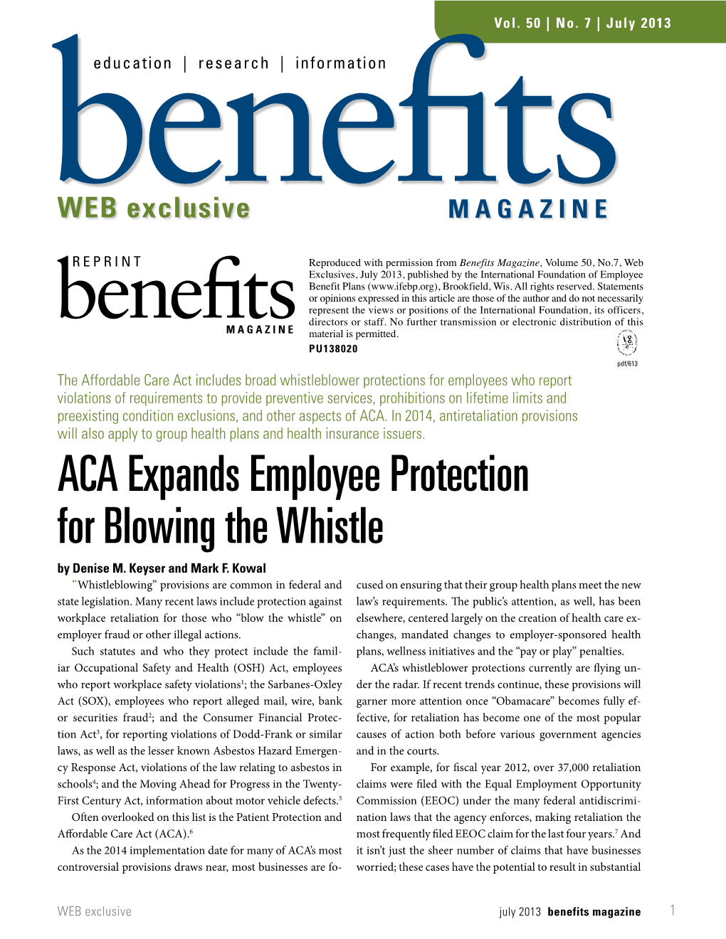 ACA Expands Employee Protection for Blowing the Whistle by Denise M