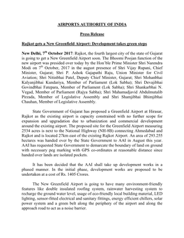 AIRPORTS AUTHORITY of INDIA Press Release Rajkot Gets a New