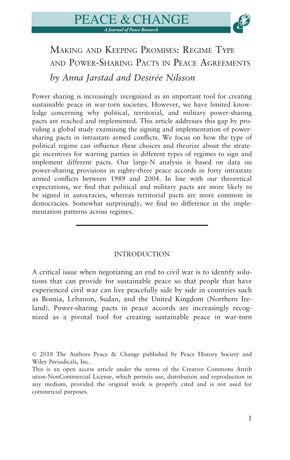 Regime Type and Power‐Sharing Pacts in Peace Agreements