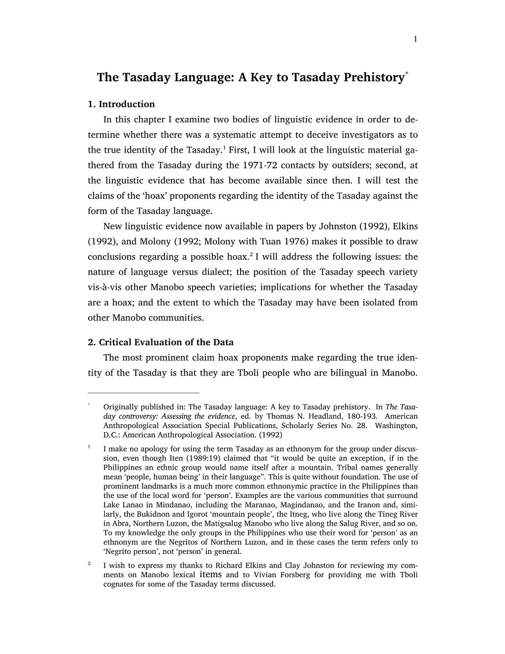 The Tasaday Language: a Key to Tasaday Prehistory*
