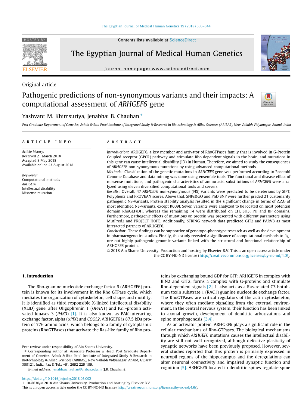 Pathogenic Predictions of Non-Synonymous Variants and Their Impacts: a Computational Assessment of ARHGEF6 Gene ⇑ Yashvant M