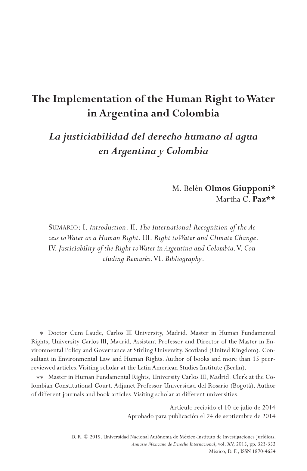 The Implementation of the Human Right to Water in Argentina and Colombia La Justiciabilidad Del Derecho Humano Al Agua En Argentina Y Colombia