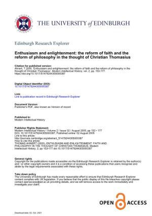 Enthusiasm and Enlightenment: the Reform of Faith and the Reform of Philosophy in the Thought of Christian Thomasius