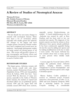 A Review of Studies of Neotropical Araceae a Review of Studies of Neotropical Araceae