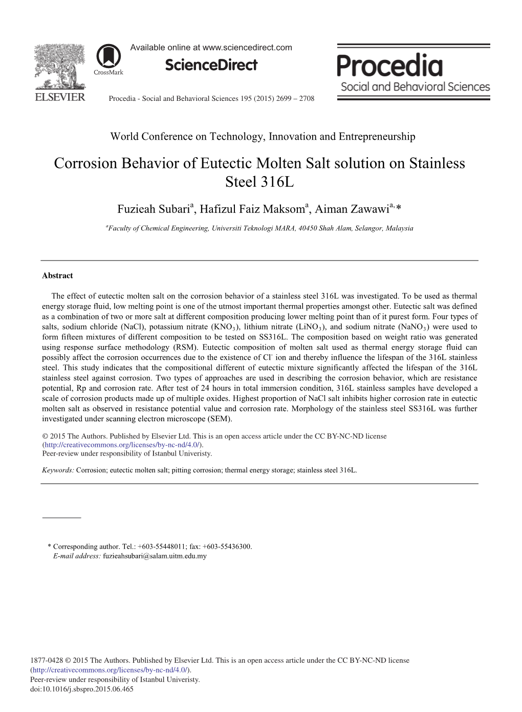 Corrosion Behavior of Eutectic Molten Salt Solution on Stainless Steel 316L