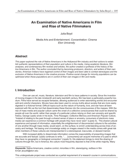 An Examination of Native Americans in Film and Rise of Native Filmmakers by Julia Boyd — 105
