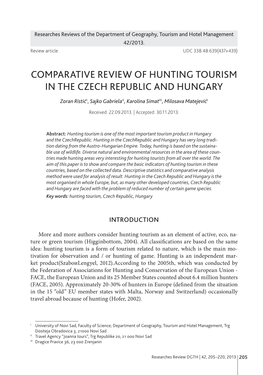 Comparative Review of Hunting Tourism in the Czech Republic and Hungary