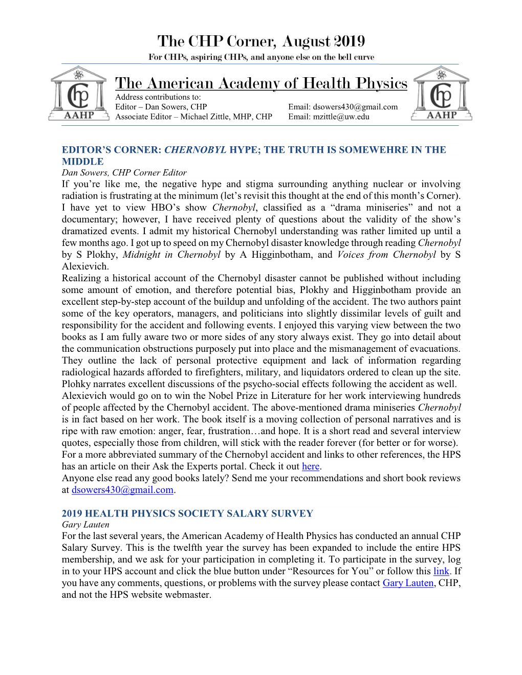 The CHP Corner, August 2019 the American Academy of Health Physics