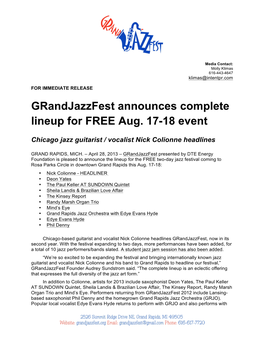 Grandjazzfest Announces Complete Lineup for FREE Aug. 17-18 Event