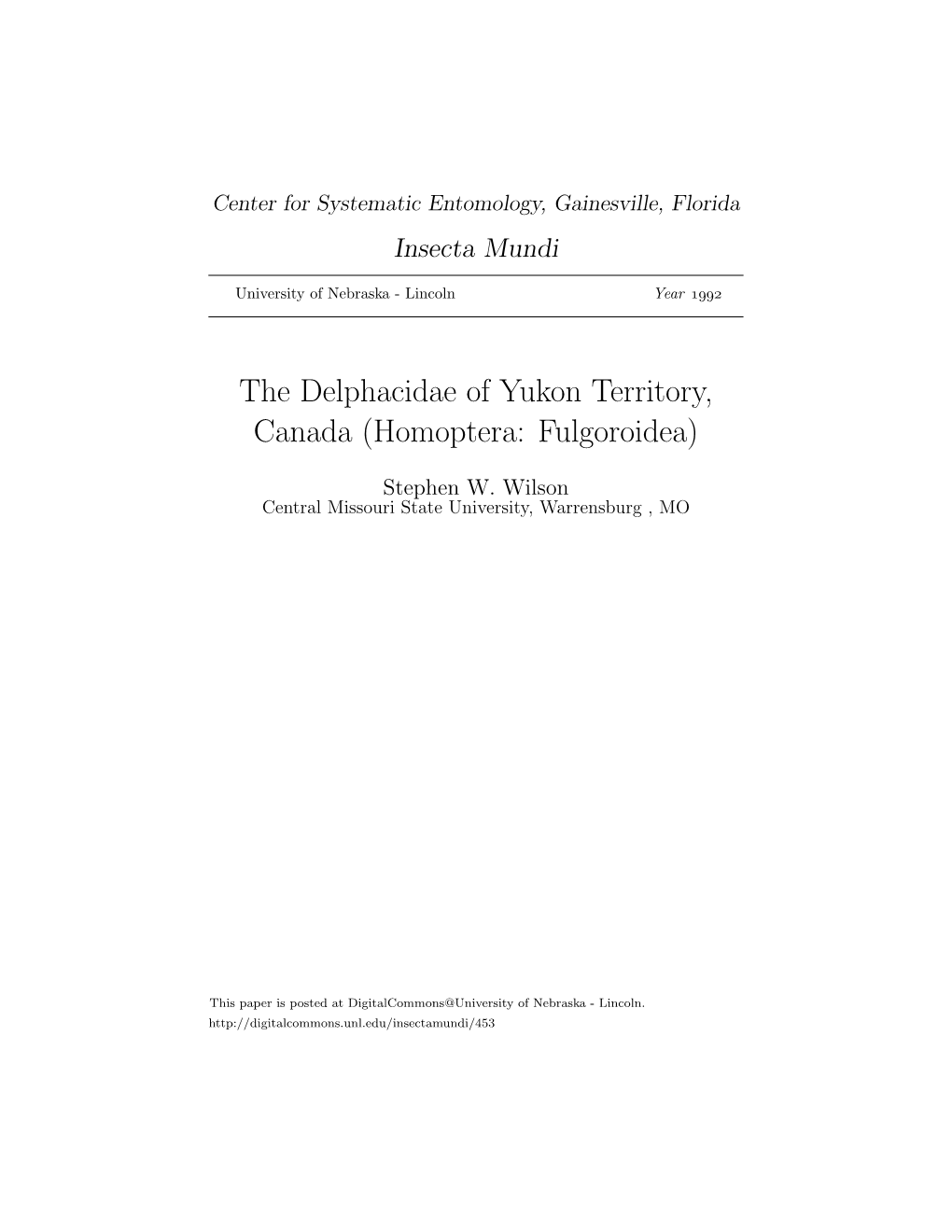 The Delphacidae of Yukon Territory, Canada (Homoptera: Fulgoroidea)