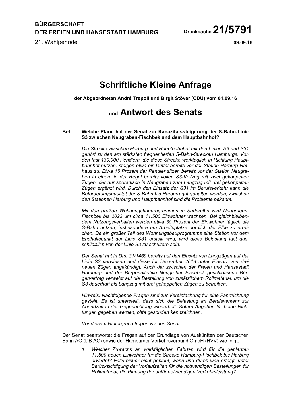 Schriftliche Kleine Anfrage Und Antwort Des Senats