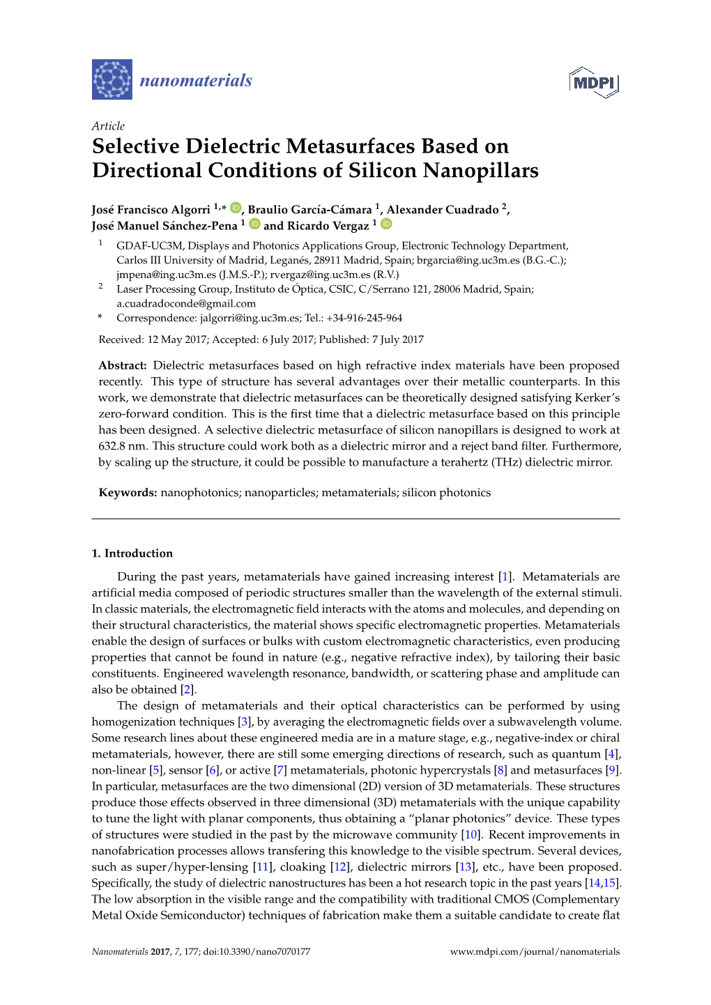 Selective Dielectric Metasurfaces Based on Directional Conditions of Silicon Nanopillars