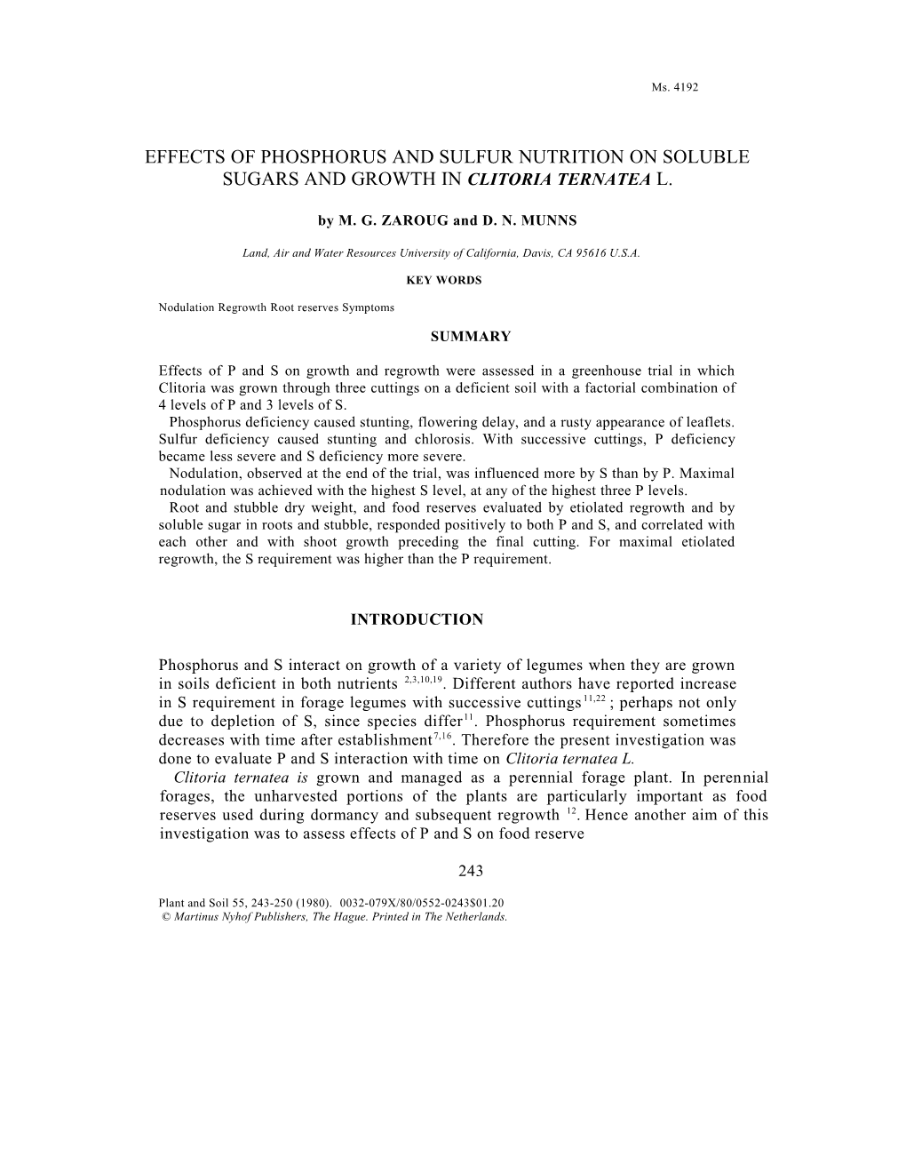 Effects of Phosphorus and Sulfur Nutrition on Soluble Sugars and Growth in Clitoria Ternatea L