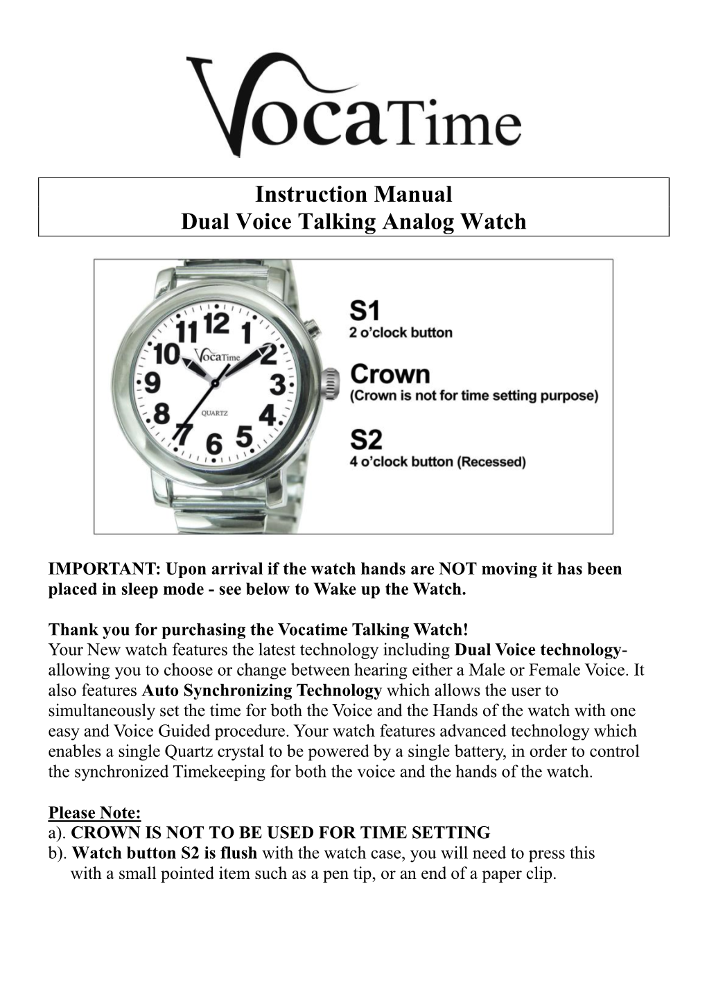 Instruction Manual Dual Voice Talking Analog Watch