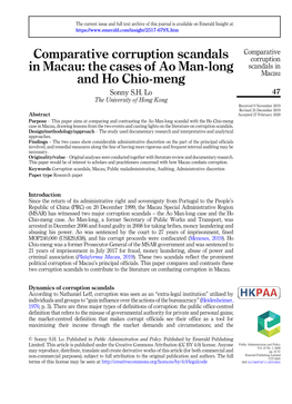 Comparative Corruption Scandals in Macau: the Cases of Ao Man-Long