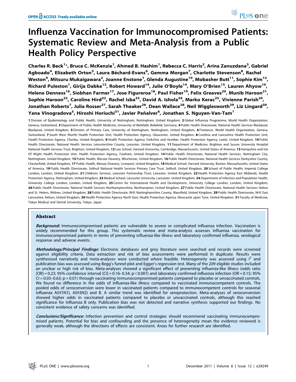 Influenza Vaccination for Immunocompromised Patients: Systematic Review and Meta-Analysis from a Public Health Policy Perspective