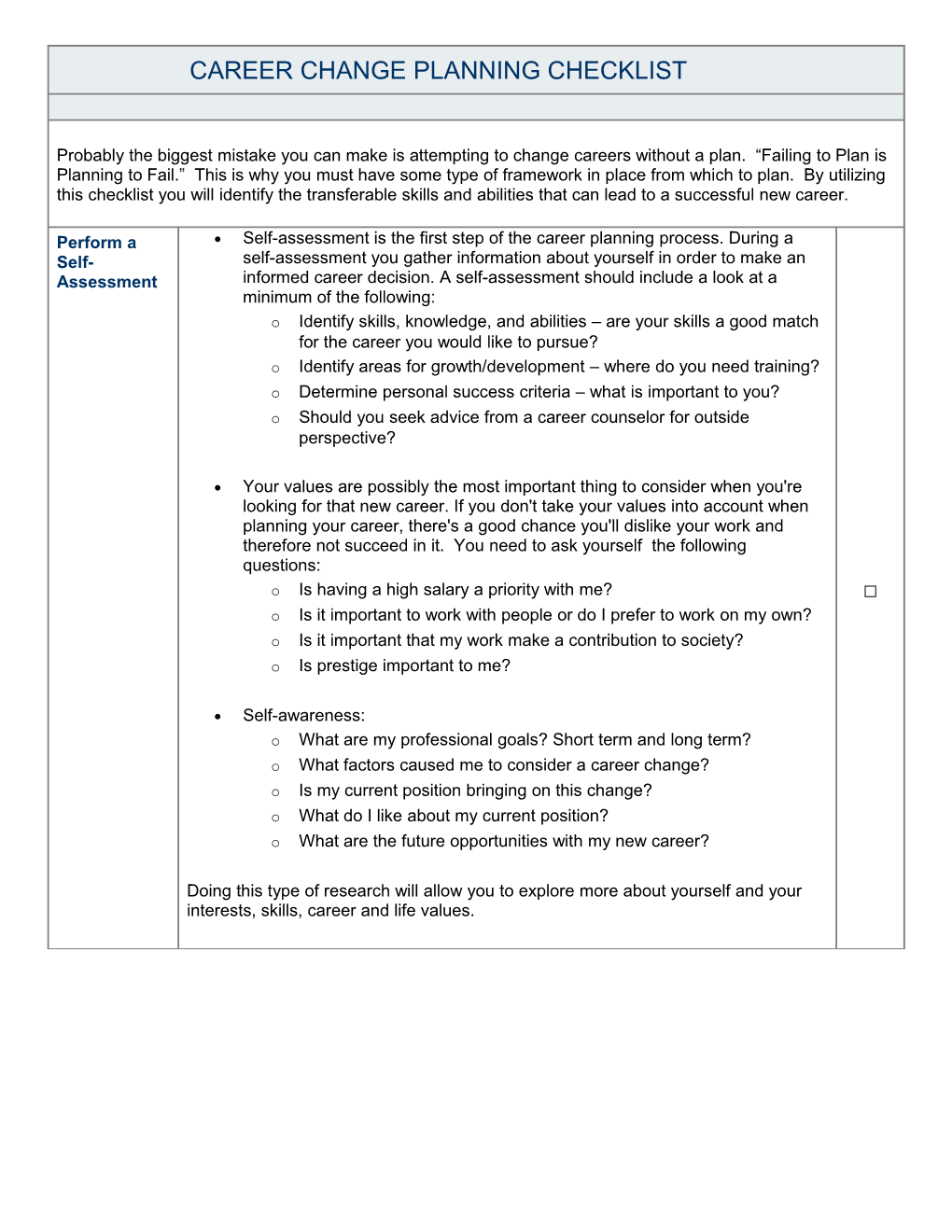 Career Change Planning Checklist