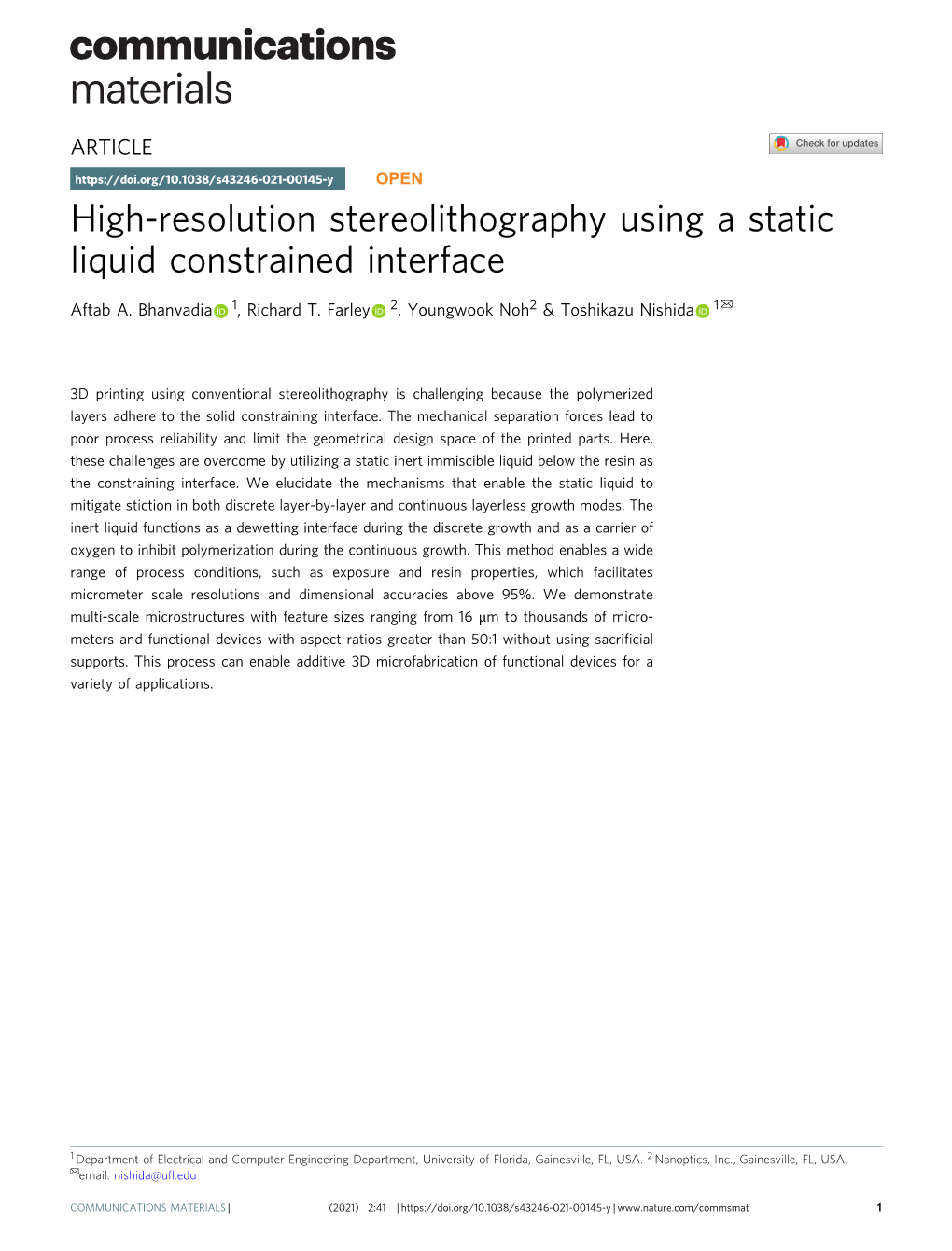 High-Resolution Stereolithography Using a Static Liquid Constrained Interface ✉ Aftab A