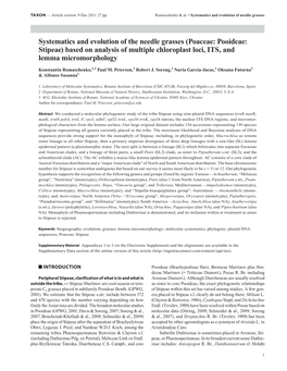 Systematics and Evolution of the Needle Grasses (Poaceae: Pooideae: Stipeae) Based on Analysis of Multiple Chloroplast Loci, ITS, and Lemma Micromorphology