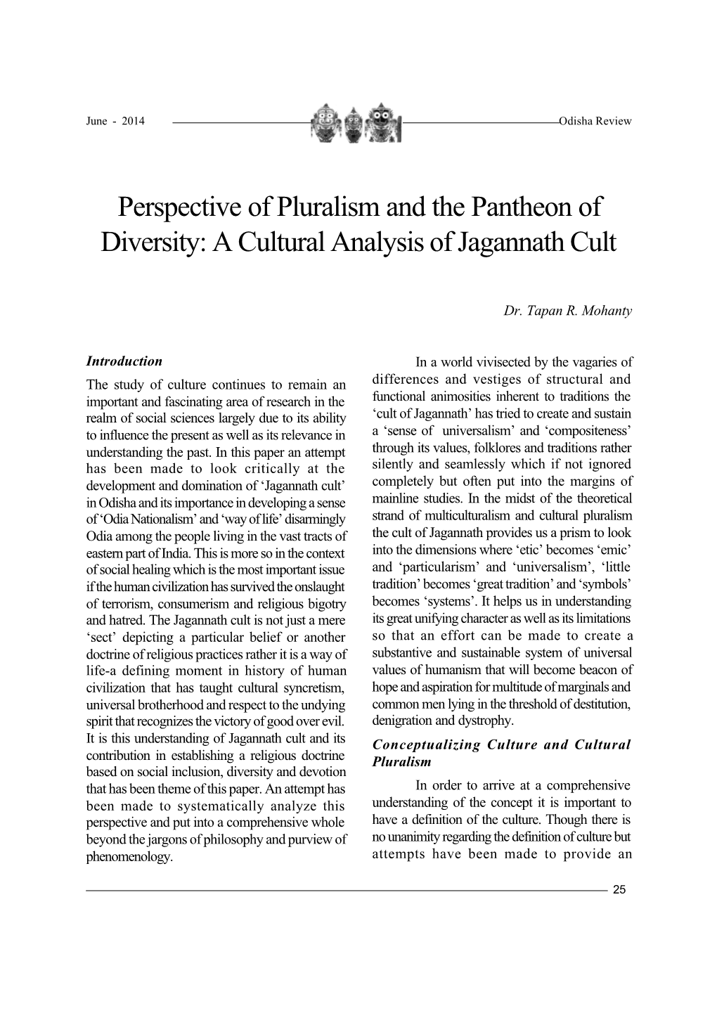 Perspective of Pluralism and the Pantheon of Diversity: a Cultural Analysis of Jagannath Cult