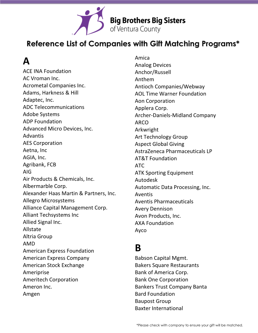 Reference List of Companies with Gift Matching Programs*