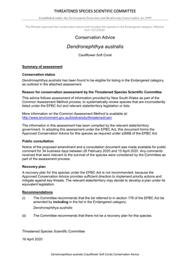 Conservation Advice and Included This Species in the Endangered Category, Effective from 12/12/2020 Conservation Advice Dendronephthya Australis