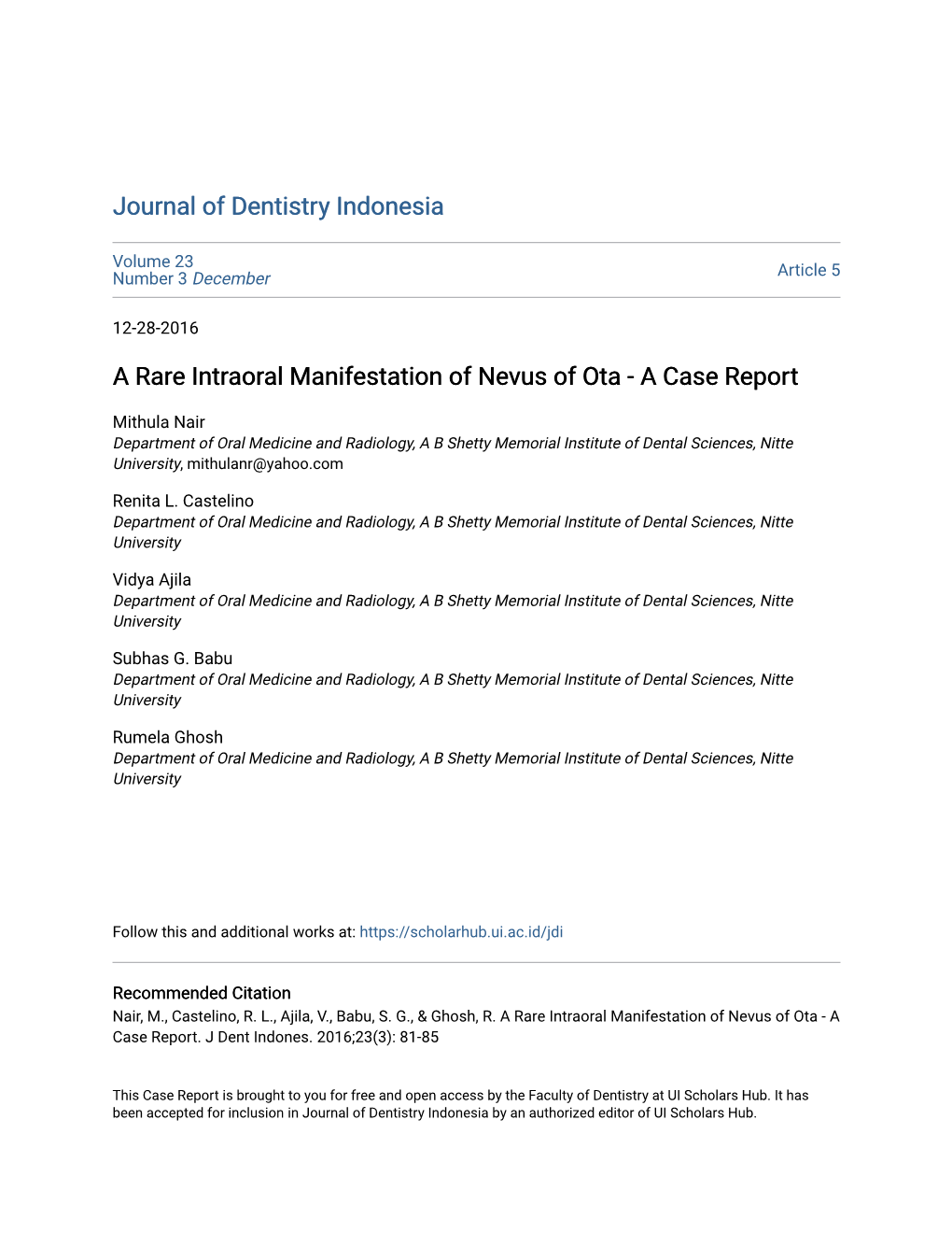 A Rare Intraoral Manifestation of Nevus of Ota - a Case Report