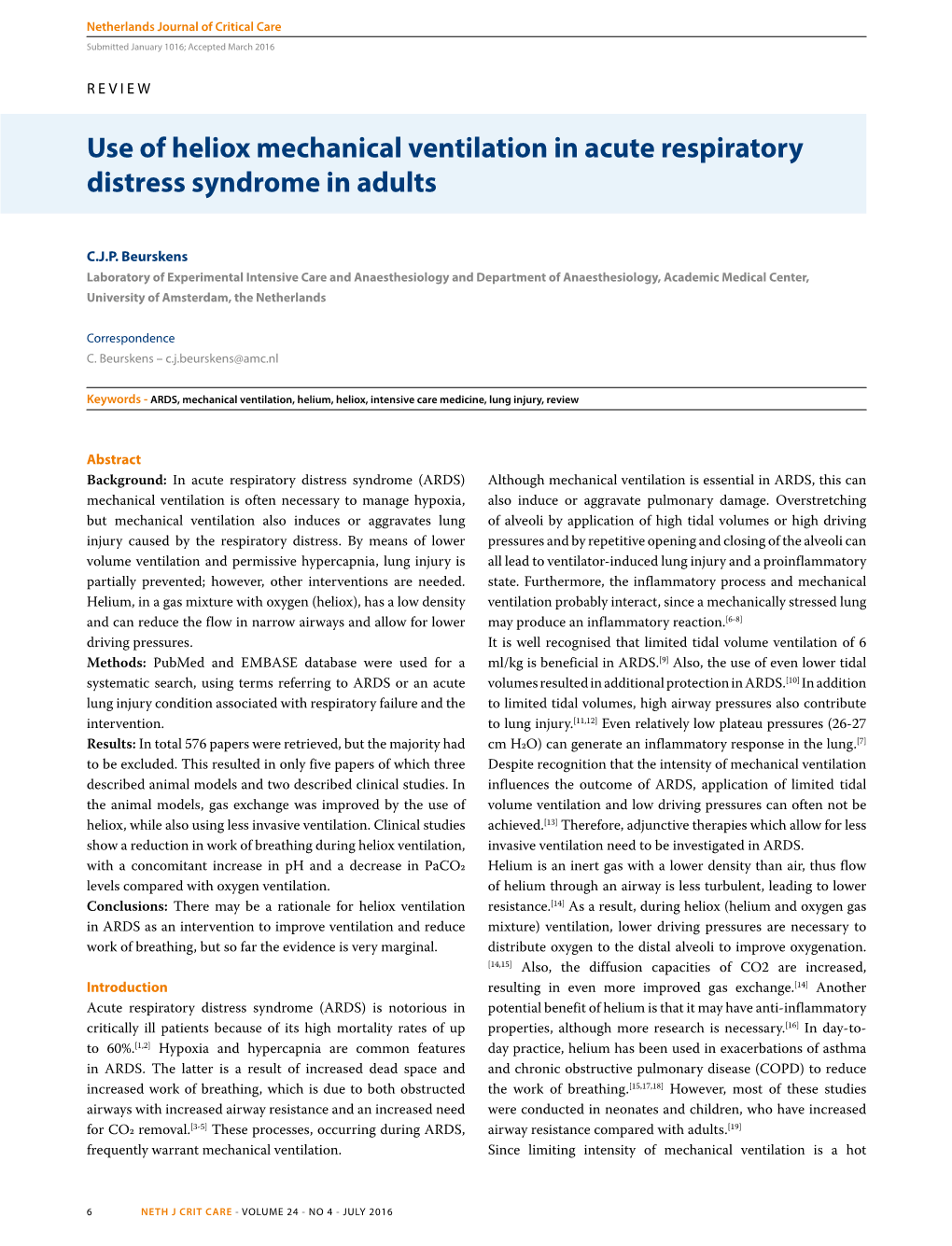 Use of Heliox Mechanical Ventilation in Acute Respiratory Distress Syndrome in Adults