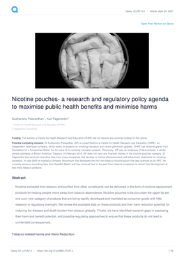 Nicotine Pouches- a Research and Regulatory Policy Agenda to Maximise Public Health Benefits and Minimise Harms