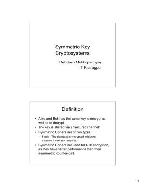 Symmetric Key Cryptosystems Definition