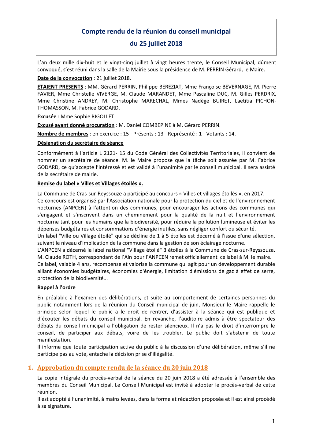 Compte Rendu De La Réunion Du Conseil Municipal Du 25 Juillet 2018