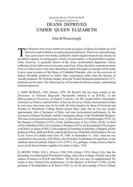 Deans Deprived Under Queen Elizabeth