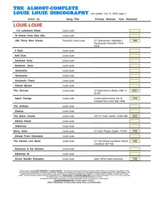 THE ALMOST-COMPLETE LOUIE LOUIE DISCOGRAPHY Last Update: July 10, 2004, Page 1