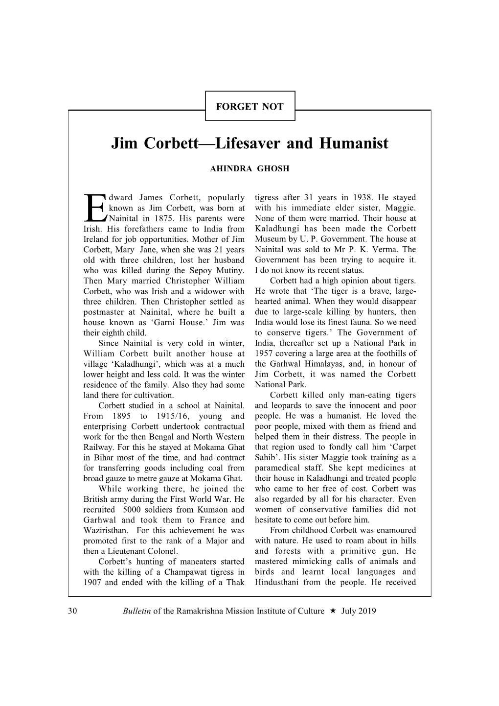 Jim Corbett—Lifesaver and Humanist