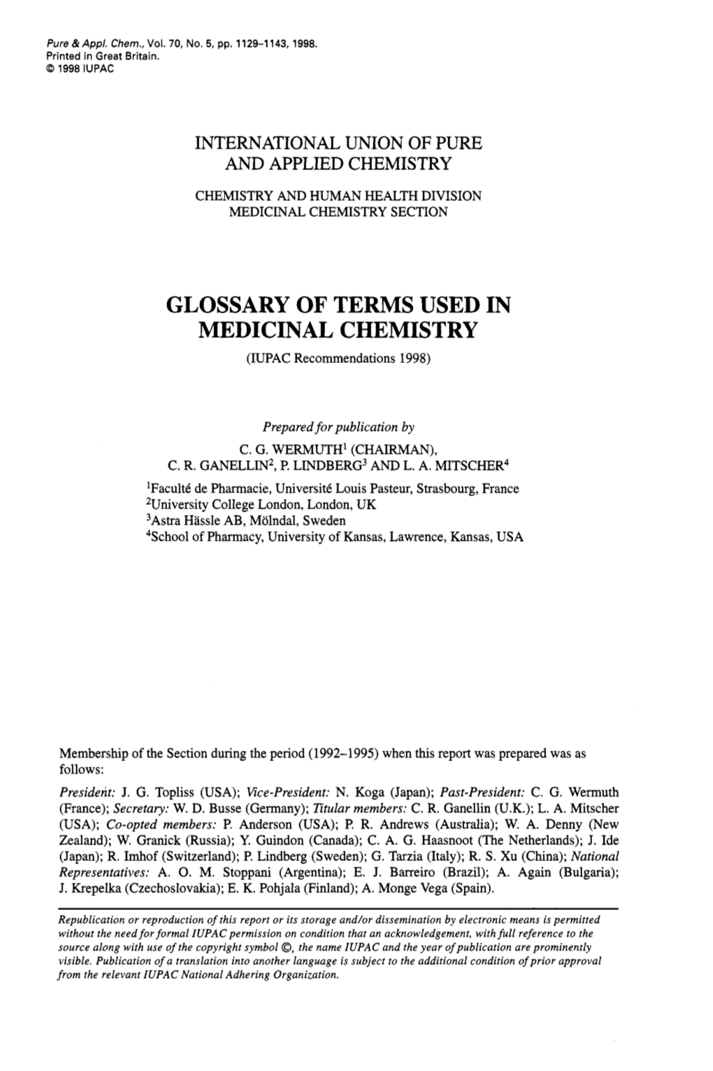 GLOSSARY of TERMS USED in MEDICINAL CHEMISTRY (IUPAC Recommendations 1998)