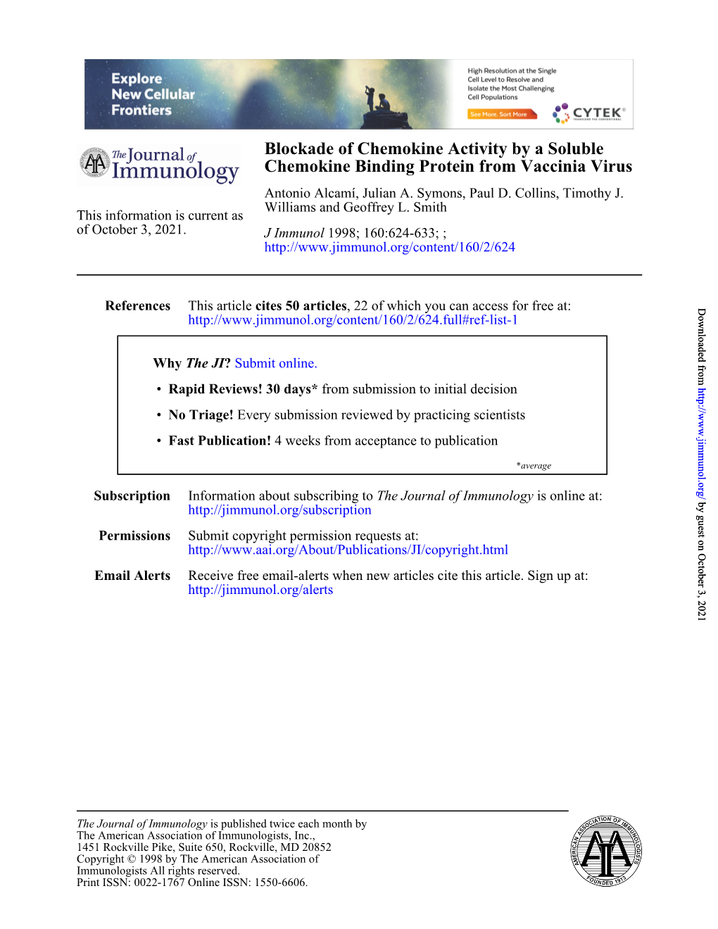 Chemokine Binding Protein from Vaccinia Virus Blockade Of