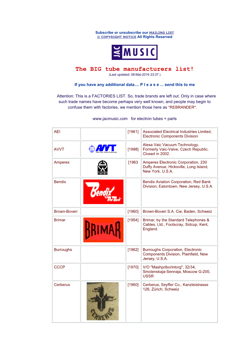 The BIG Tube Manufacturers List! (Last Updated: 08-Mai-2016 23:37 )