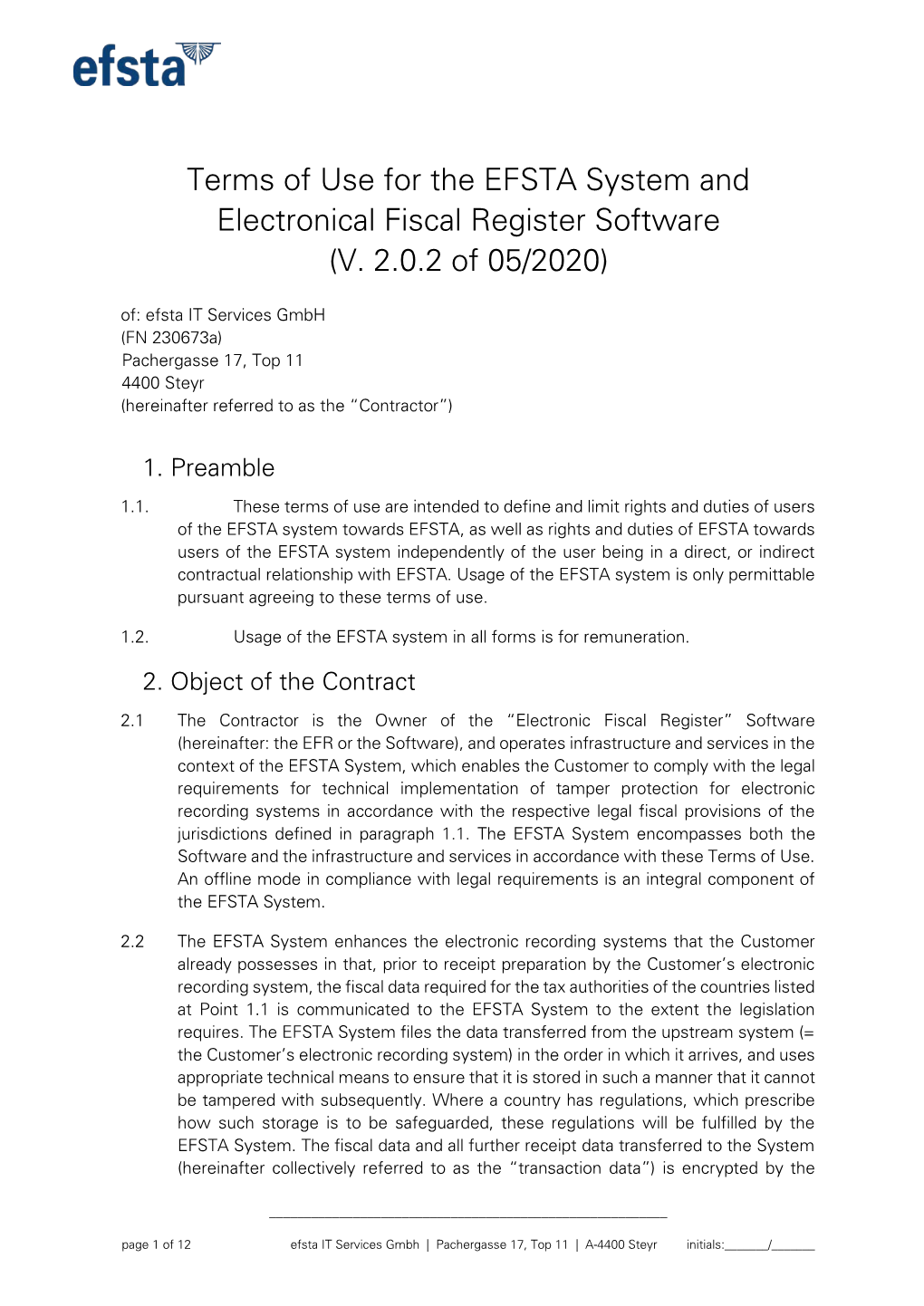 Terms of Use for the EFSTA System and Electronical Fiscal Register Software