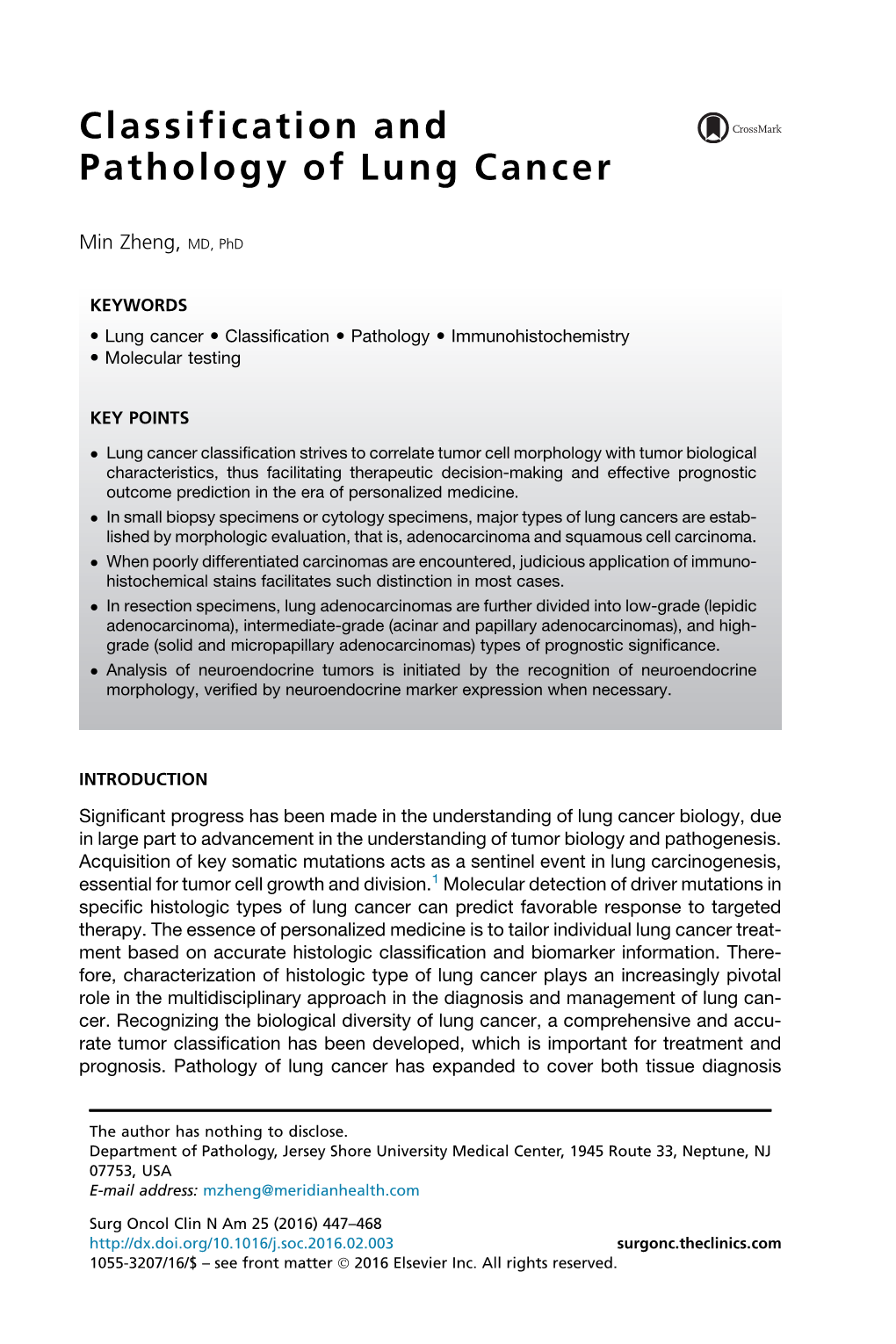 Classification and Pathology of Lung Cancer